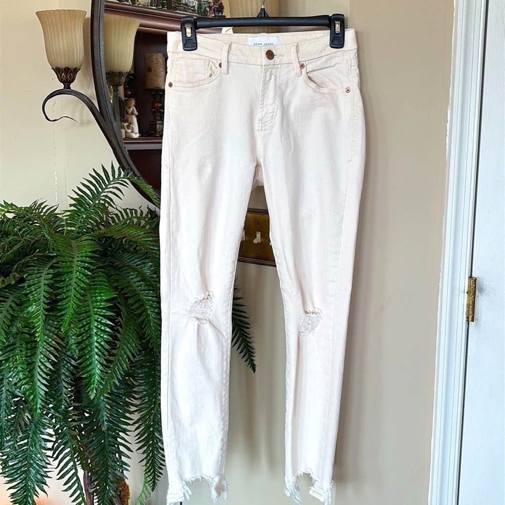 DEAR JOHN Giselle Skinny Jeans Distressed High Rise White Cream Denim Stretch